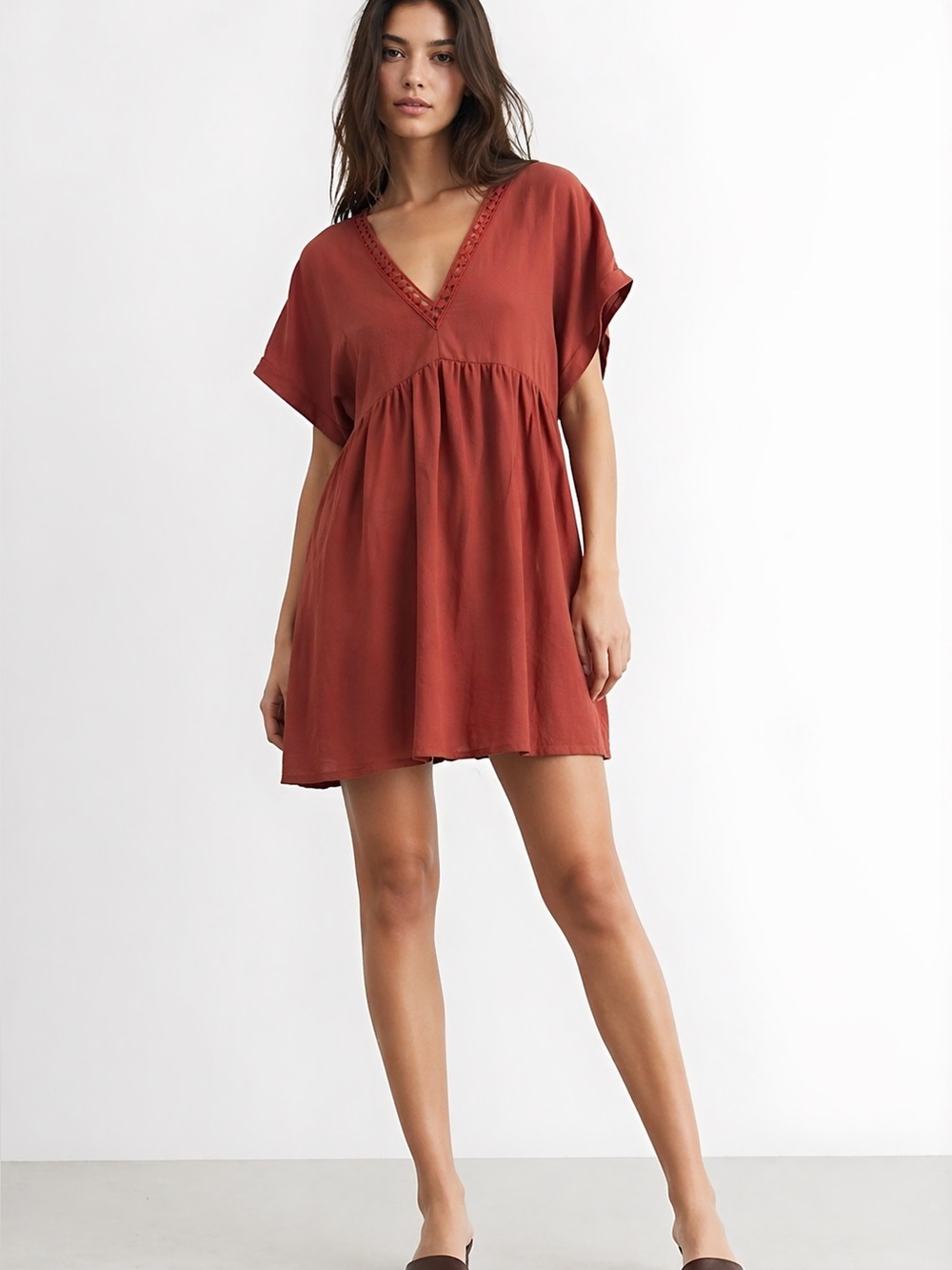 Hudson Gray Rust Orange V-Neck Babydoll Short Sleeve Dress Size Medium